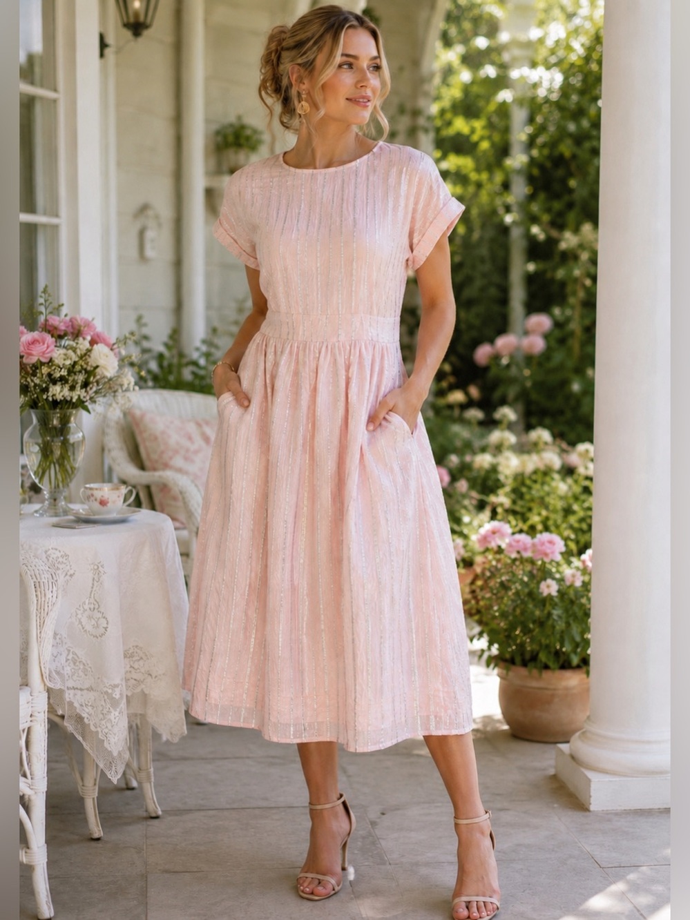 NWT PEYTON & PARKER Pink Silver Stripe English Country Garden Midi Dress